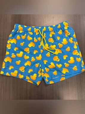 Men's Blue Swim Trunks with Yellow Rubber Duck Print